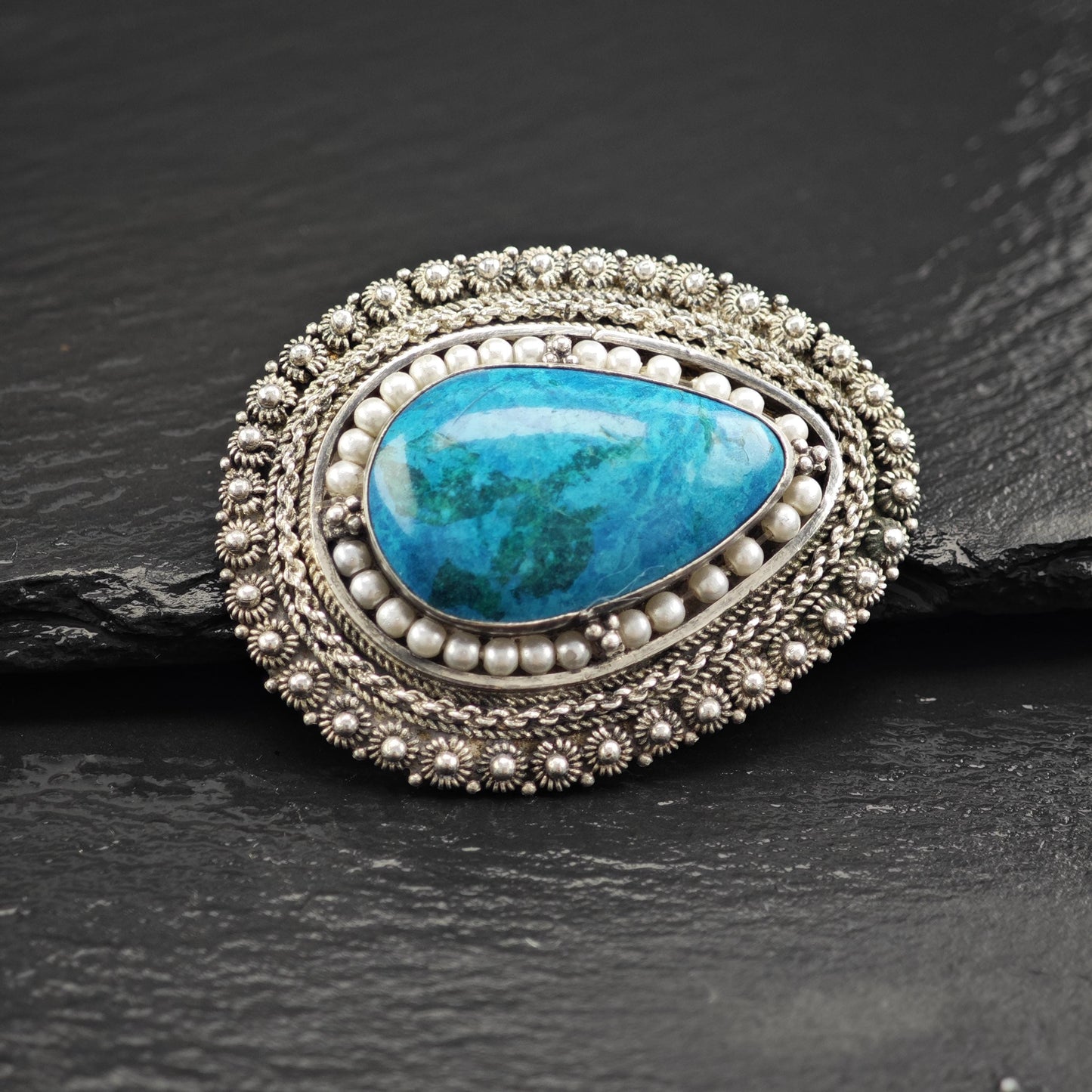 Jerusalem Blue Stone Teardrop Brooch Pendant with White Faux Pearls Sterling Silver