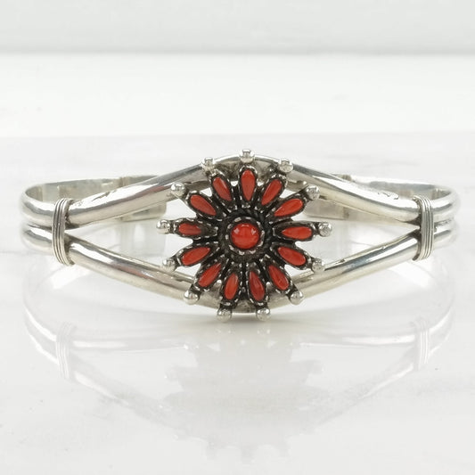 Southwest Sterling Silver Cuff Bracelet Red Coral, Needlepoint Floral