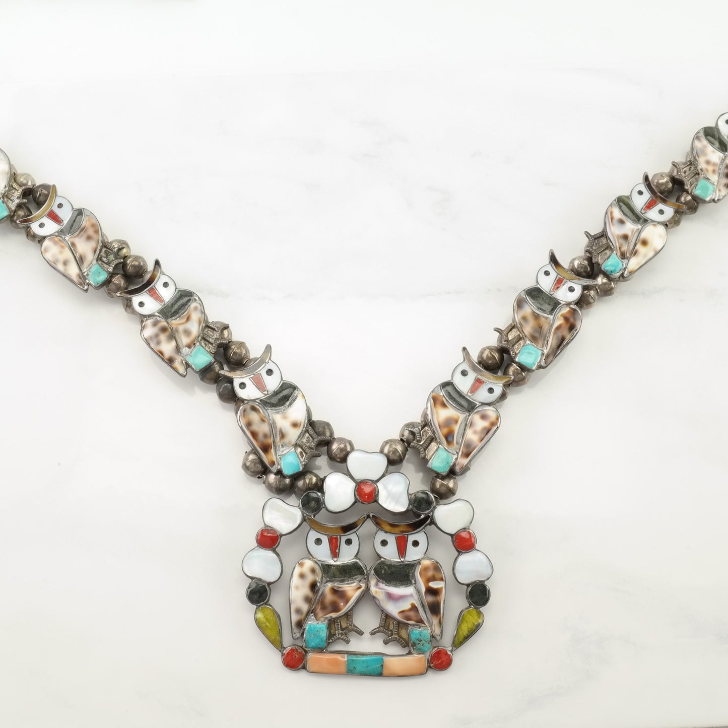 Vintage Native American Sterling Silver Brown, White Multi Stone Owl, Inlay Squash Blossom Necklace