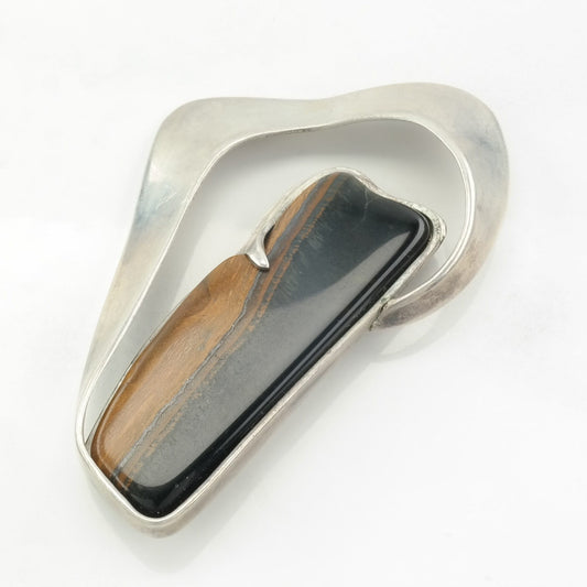 Modernist Tiger's Eye Brooch Sterling Silver Abstract