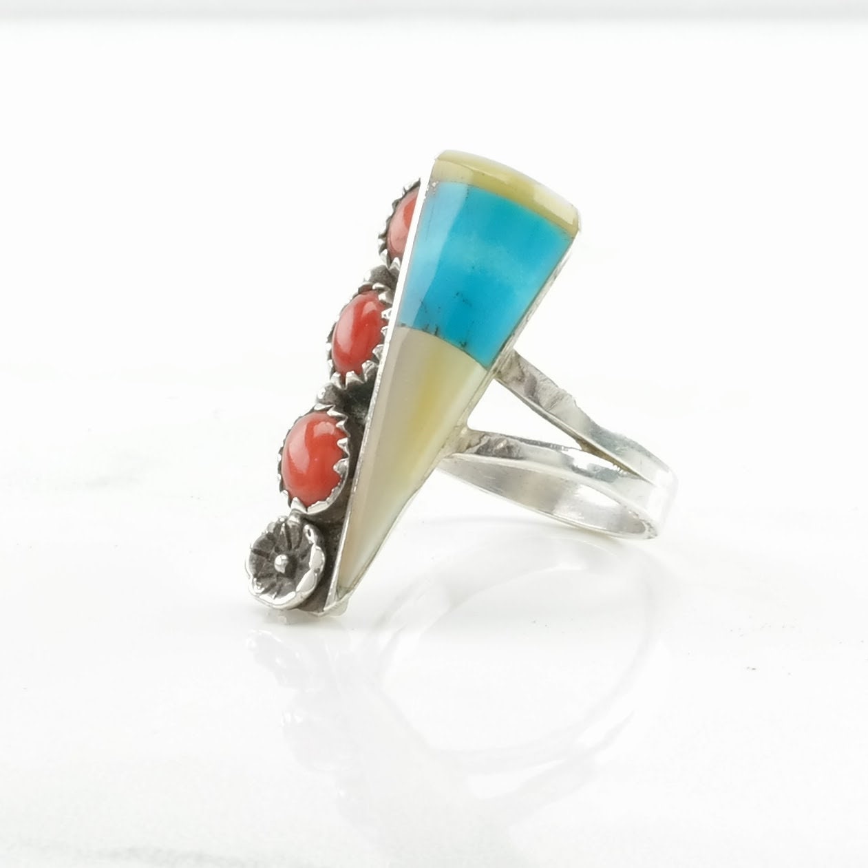 Native American Silver Ring Turquoise, Coral, MOP Inlay Sterling Size 7