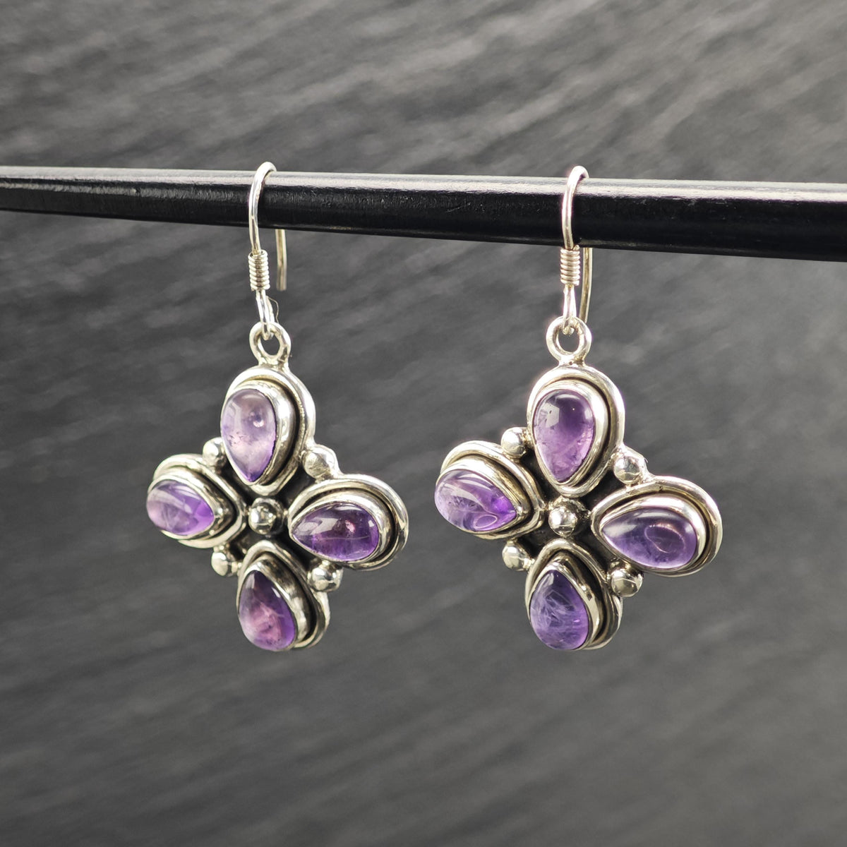 Amethyst Clover Design Dangle Sterling Silver Earrings ER3238