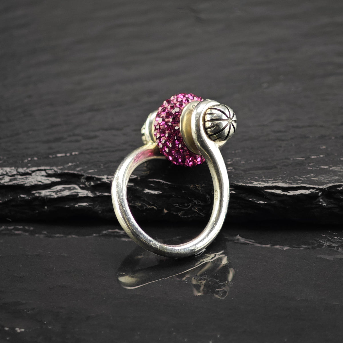 Vintage Whimsy Pink Stone Rotating Bead Sterling Silver Ring Sz 4 1/2 R6835