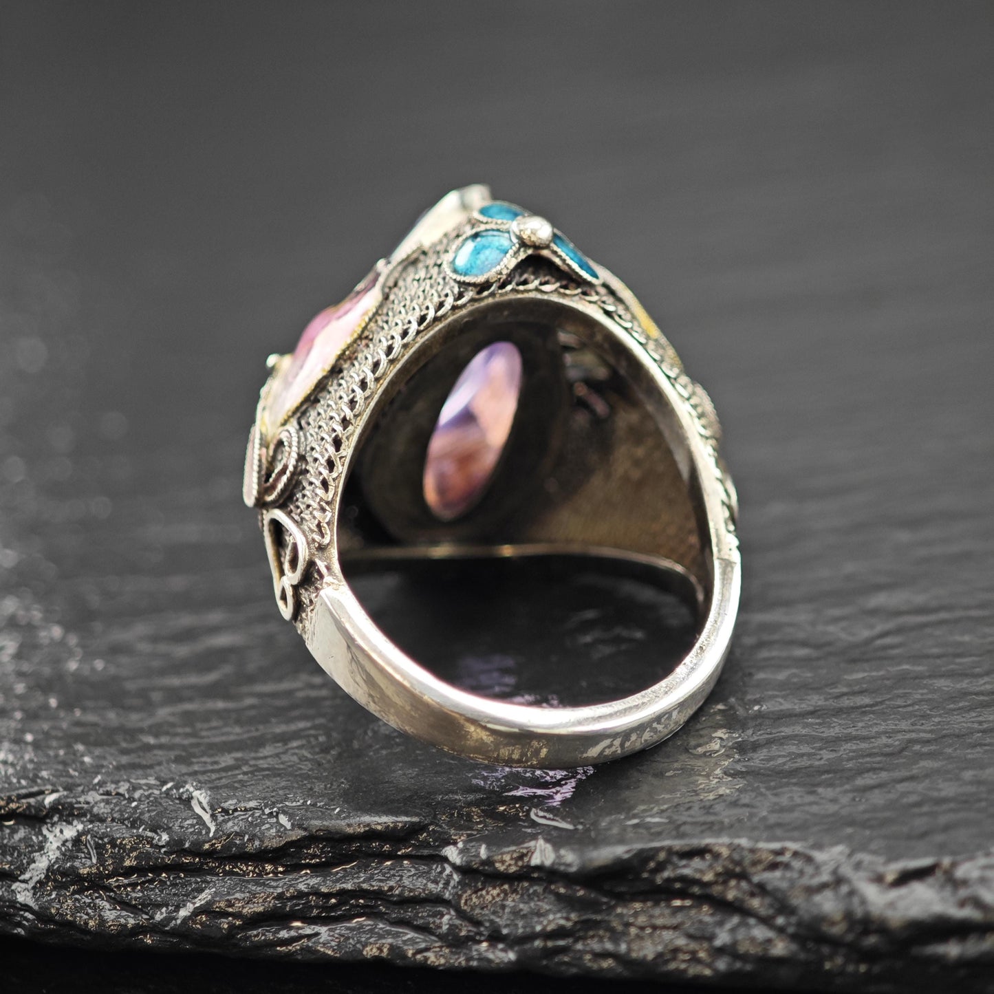 Chinese Export Amethyst, Enamel, Ring Flower Sterling Silver Sz 9