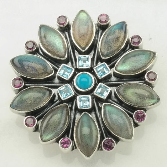Vintage Nicky Butler Labradorite, Turquoise, Topaz Floral Sterling Silver Pendant