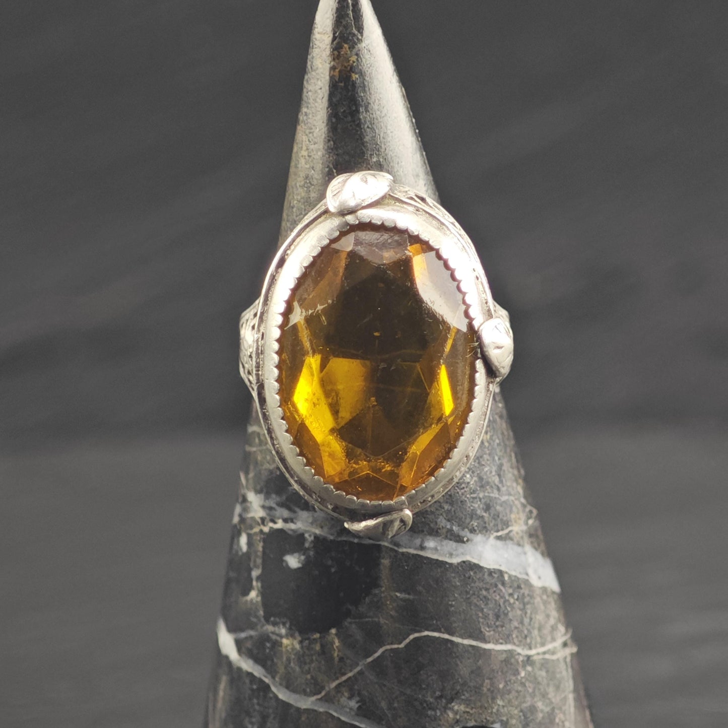 AS IS Art Deco Filigree Orange Paste Sterling Silver Ring Sz 5 3/4 R6675