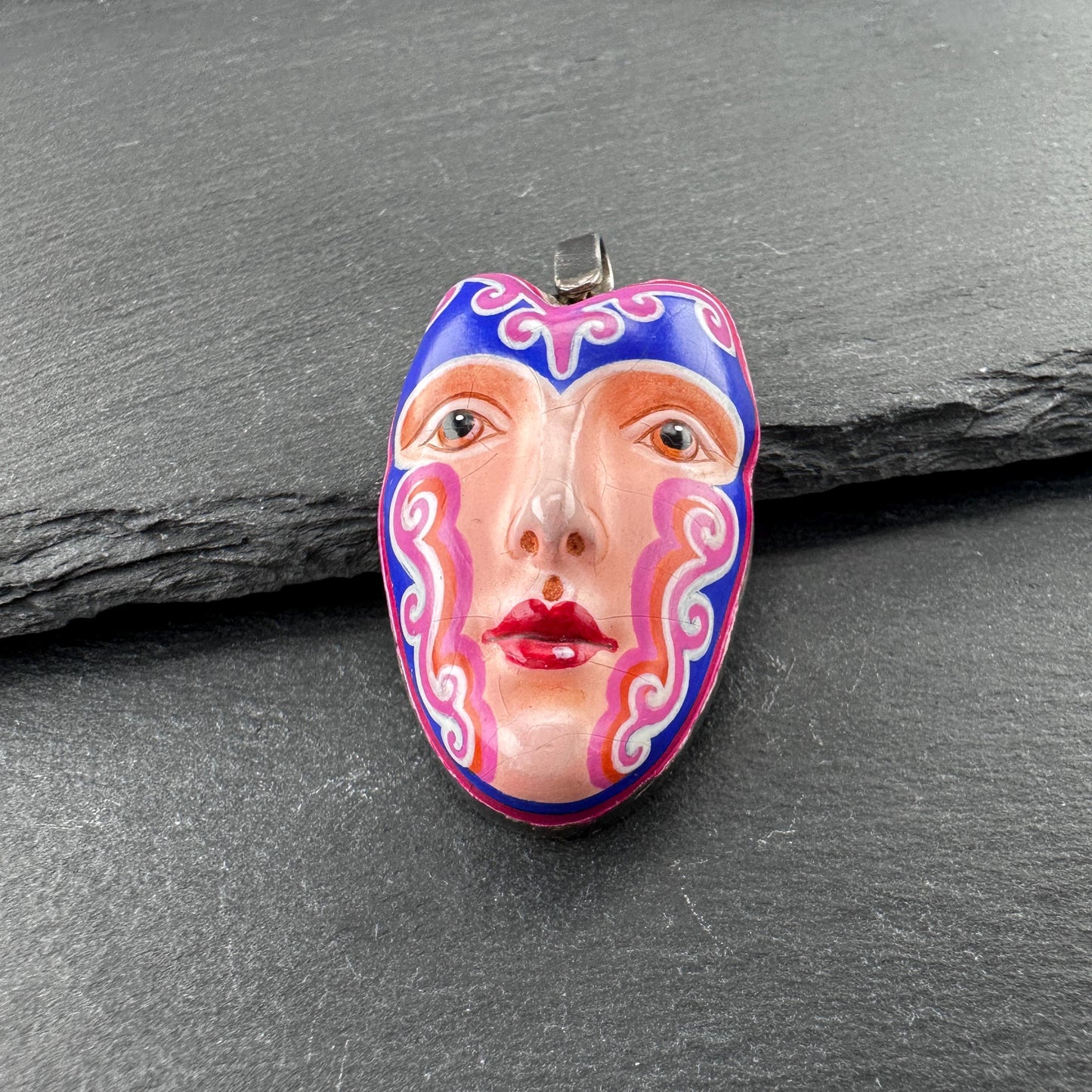 Sergio Bustamante Enamel, Women's Face Brooch/Pendant Sterling Silver