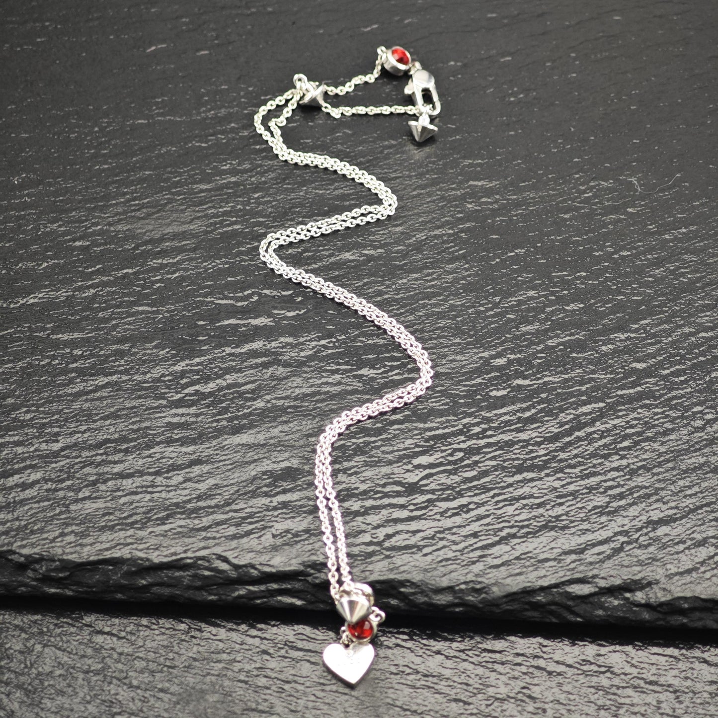 Gucci Sterling Silver Red Crystal Heart, Modernist Necklace N2592