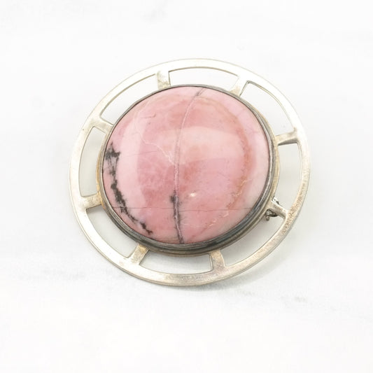 Choice MCM Style Sterling Silver Brooch Pink Rhodonite