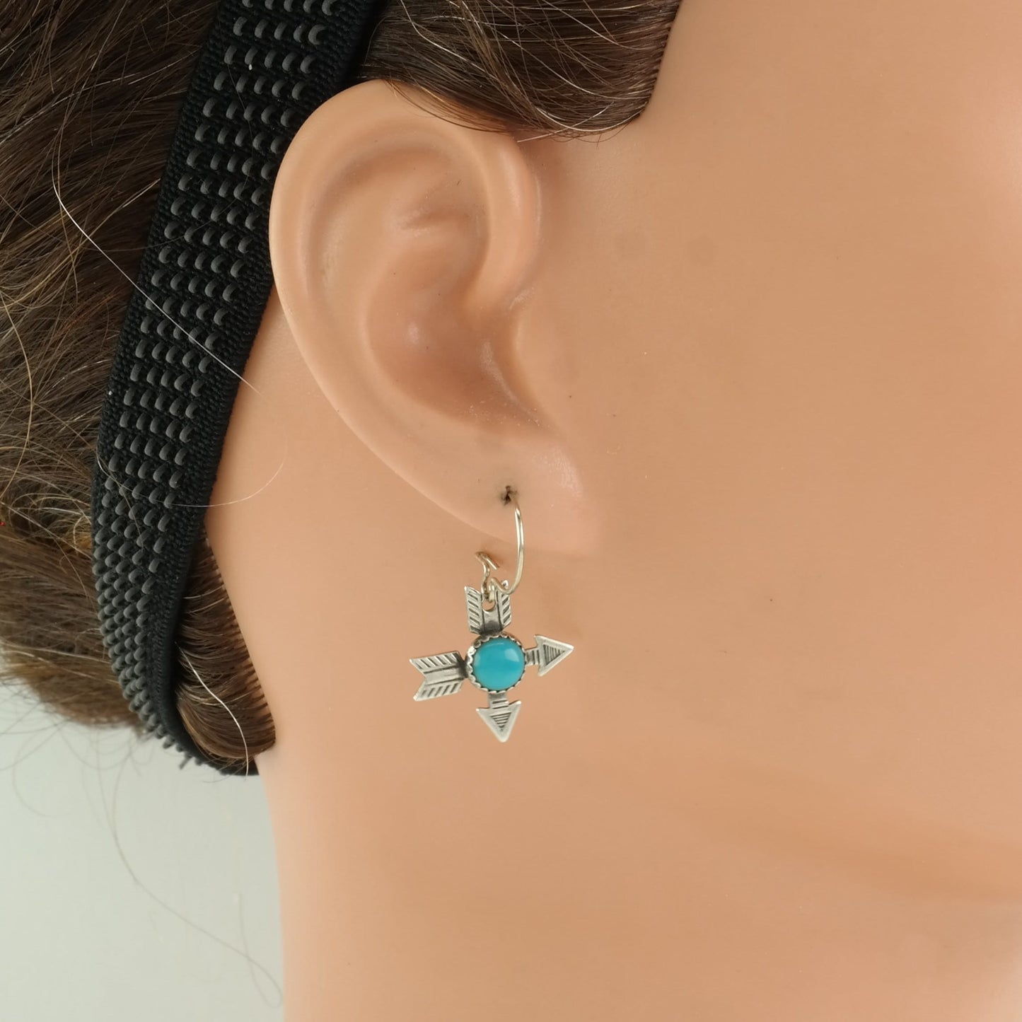 Fred Harvey Era Sterling Silver Blue Block Turquoise Arrow Earrings Fish Hook, Dangle