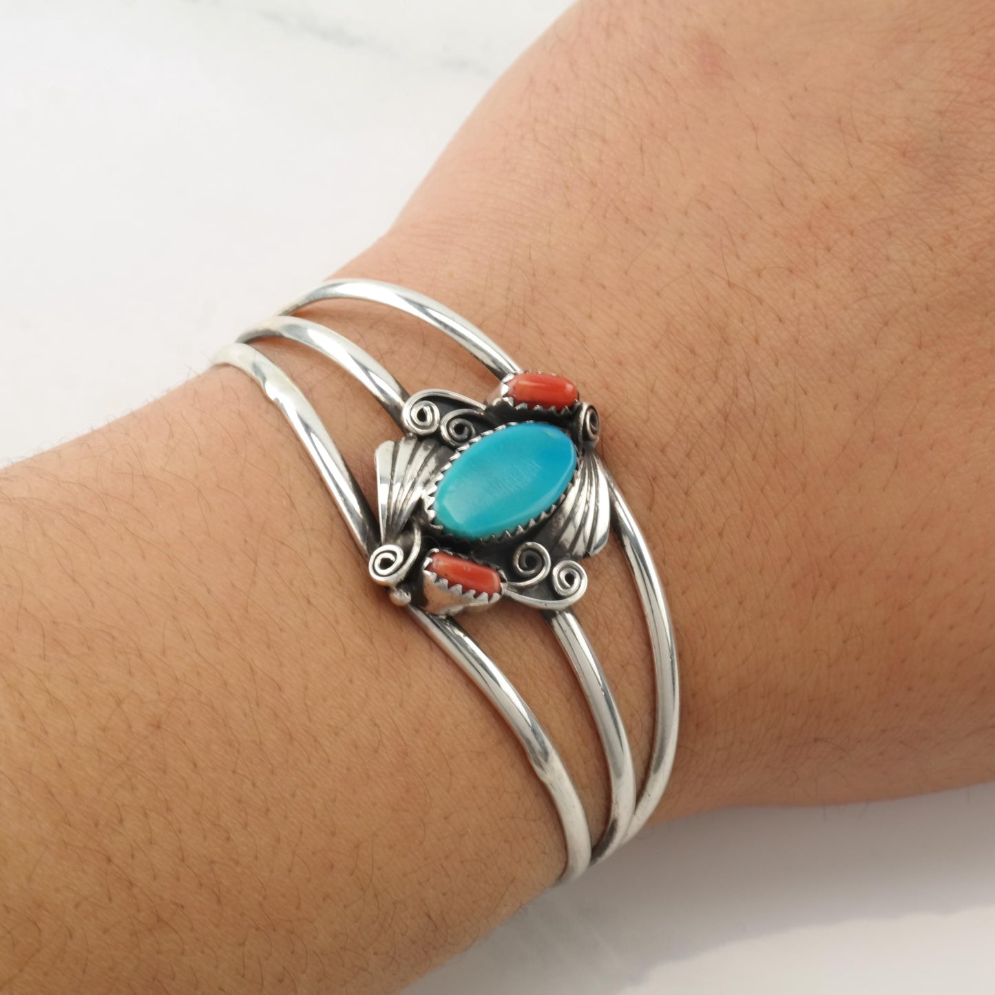 Native American Turquoise, Coral Sterling Silver Cuff Bracelet