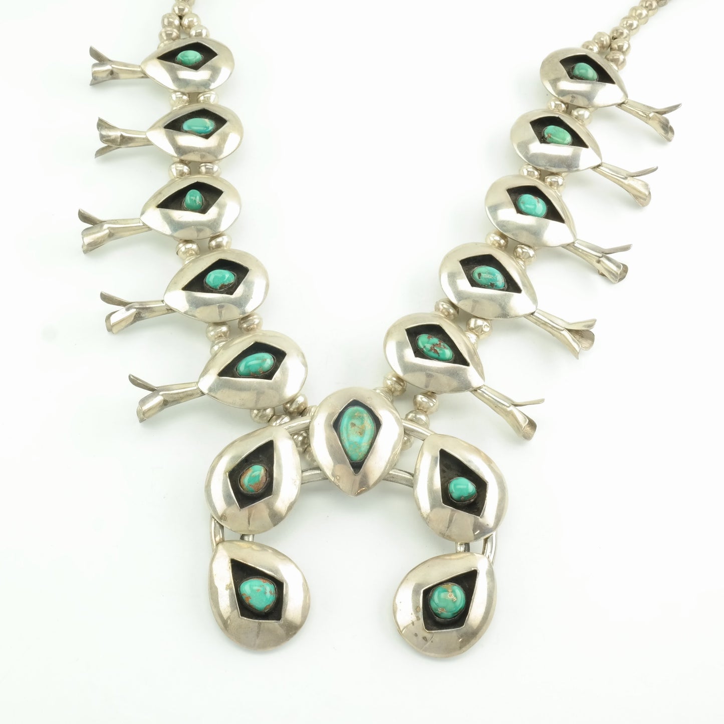 Native American Sterling Silver Royston Turquoise Shadowbox Squash Blossom Necklace