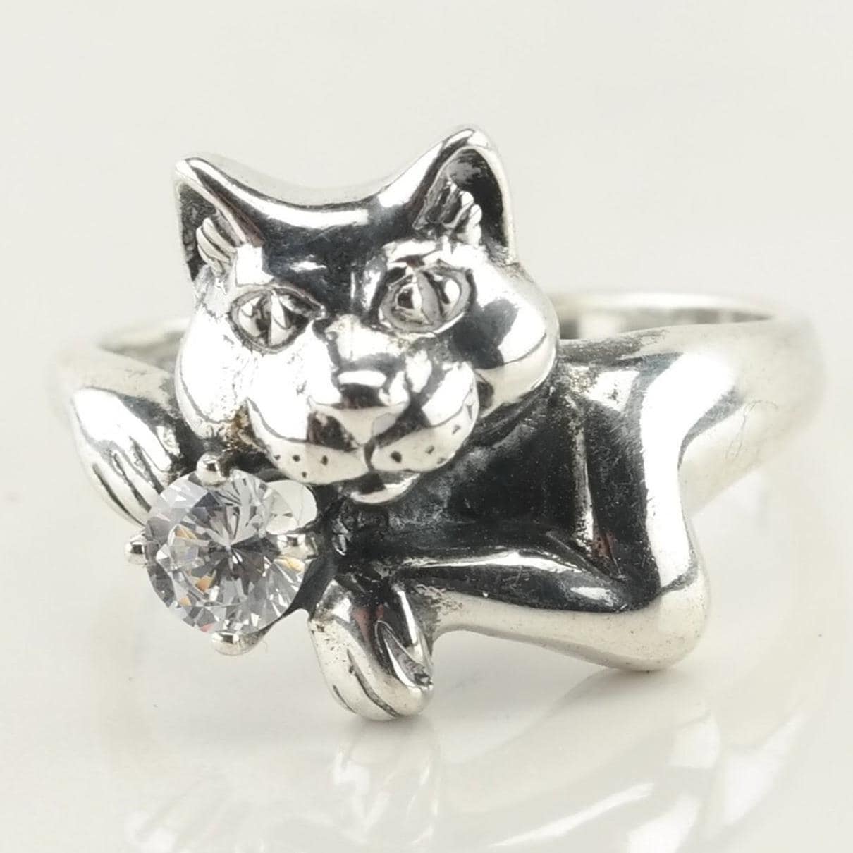 Vintage Sterling Silver Cubic Zirconia Cat Ring Size 6