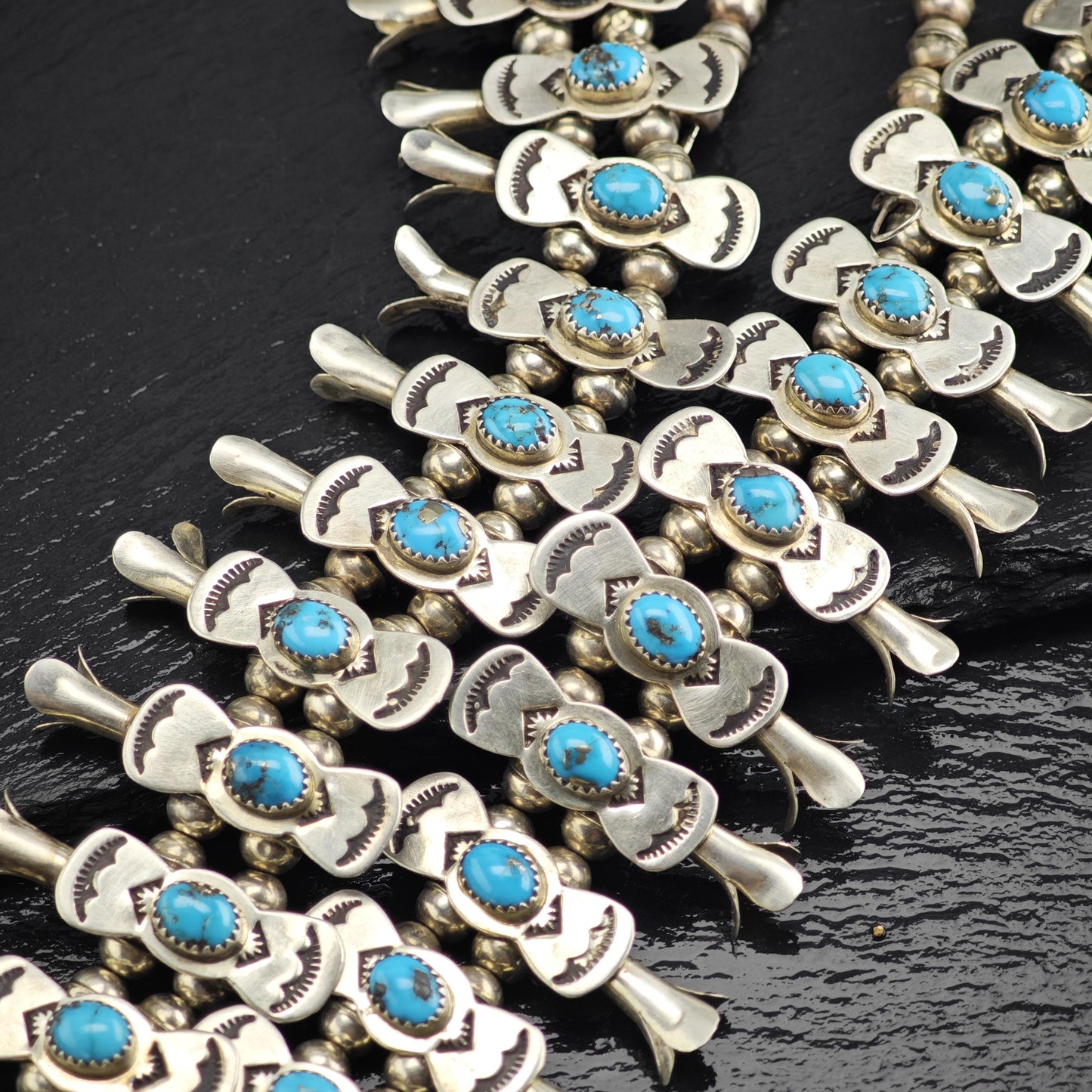 Vintage Navajo, Native American Turquoise Sterling Silver Squash Blossom Necklace N2766