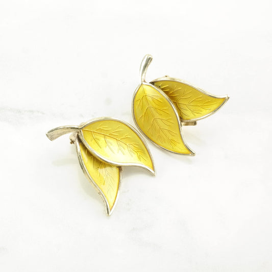 Danish Sterling Silver Yellow Enamel Leaf Earrings Clip On