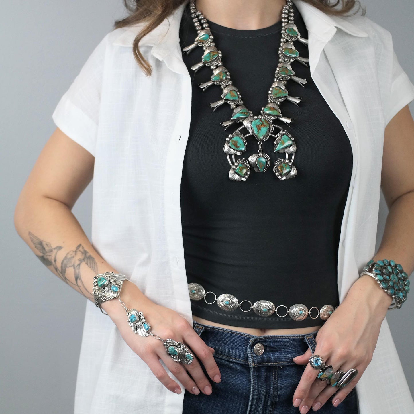 Native American Turquoise Floral Cuff Ring Bracelet Combo Sterling Silver