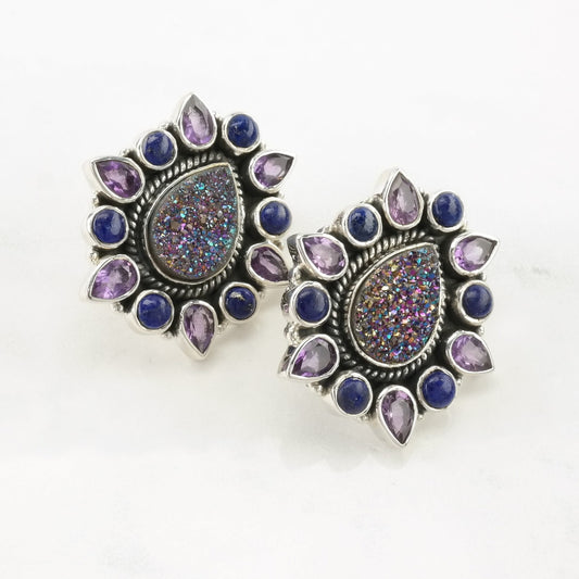 Vintage Sterling Silver Stud Earrings Purple, Blue Druzy, Amethyst, Lapis Lazuli Cluster