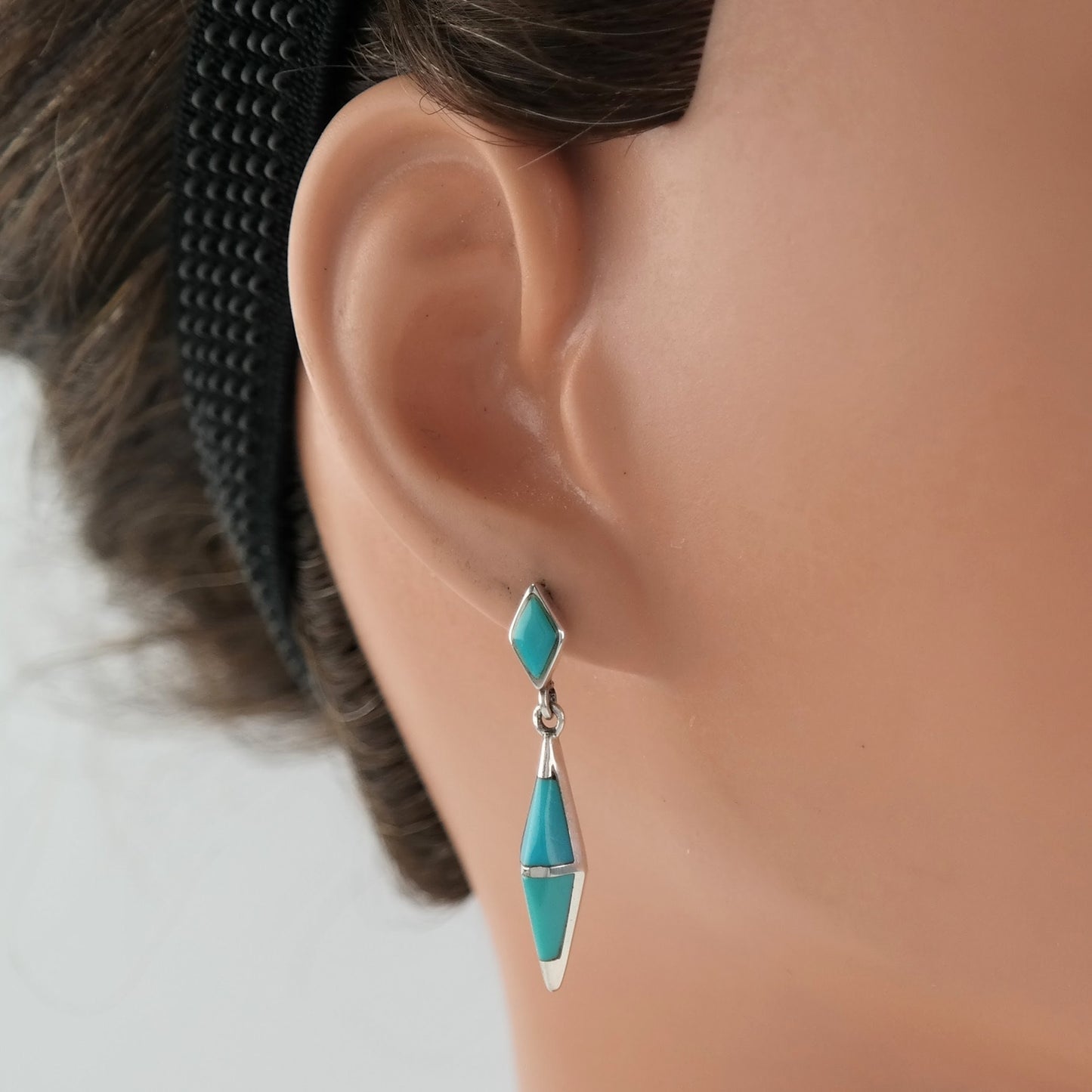 Southwest Sterling Silver Turquoise Geometric, Inlay Earrings Stud/Dangle