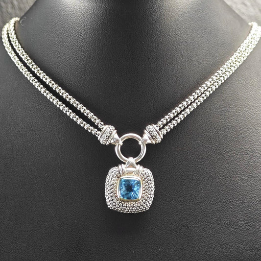 Designer Blue Topaz, 14k Gold Bezel Necklace Sterling Silver N2487