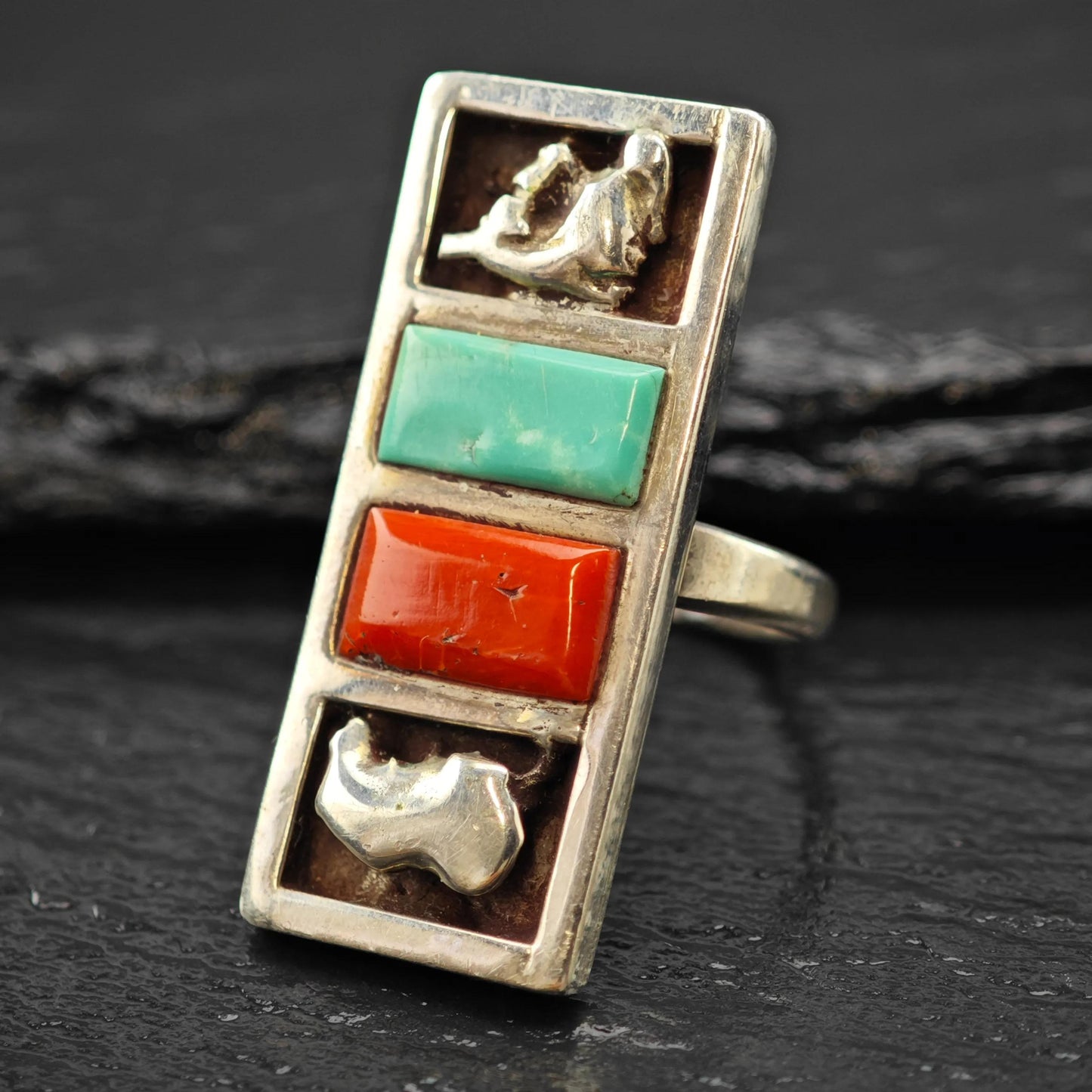 Zuni, Native American Turquoise, Coral Inlay Ring Sterling Silver Sz 6