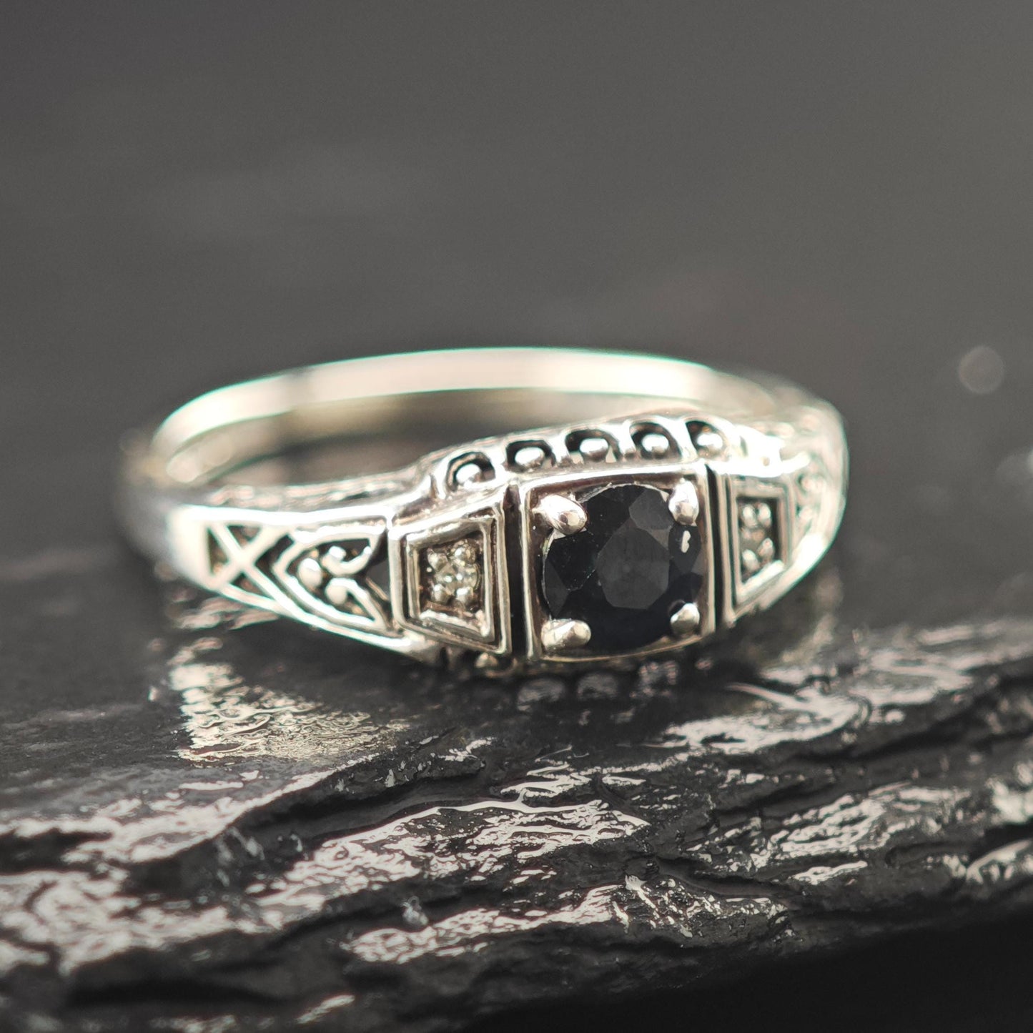 Natural Sapphire Diamond Ring Sterling Silver