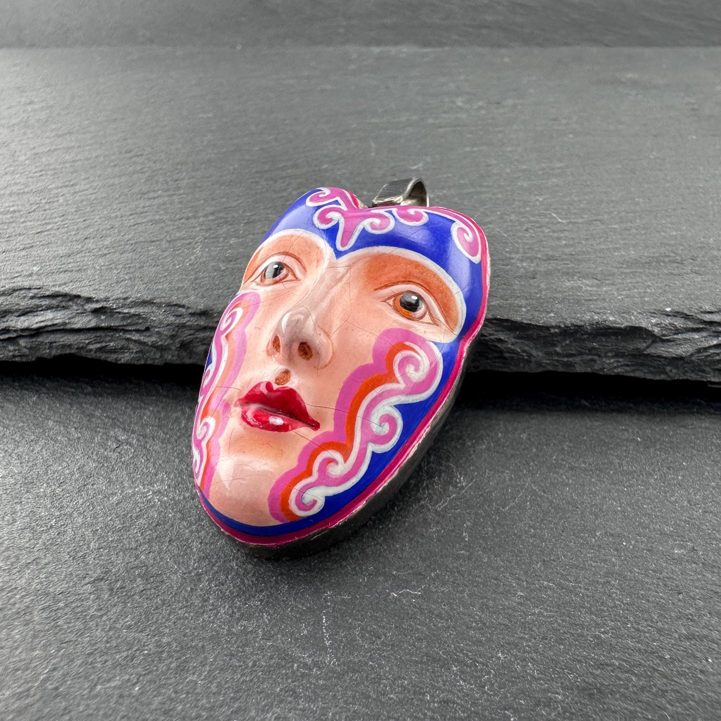 Sergio Bustamante Enamel, Women's Face Brooch/Pendant Sterling Silver