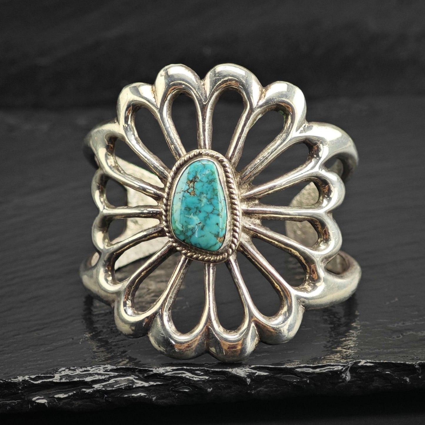 Vintage Native American Turquoise Sand Cast Flower Sterling Silver Cuff Sz 5 3/4" BR3127