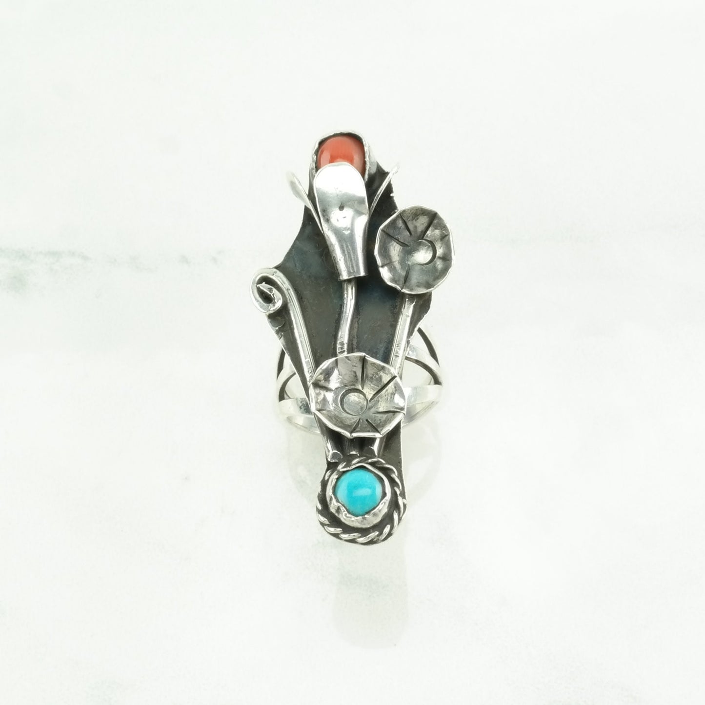 Southwest Silver Ring Turquoise, Coral Floral, Long, Navette Sterling Blue, Red Size 4