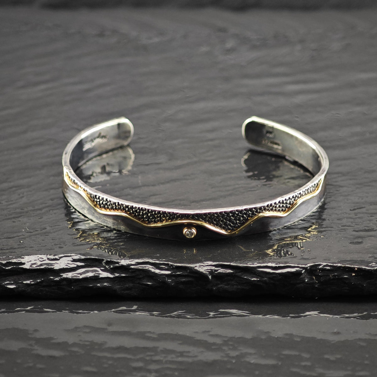 Artist Signed Diamond 14K Gold Accent, Sterling Silver Cuff Bracelet Sz 6" BR3175