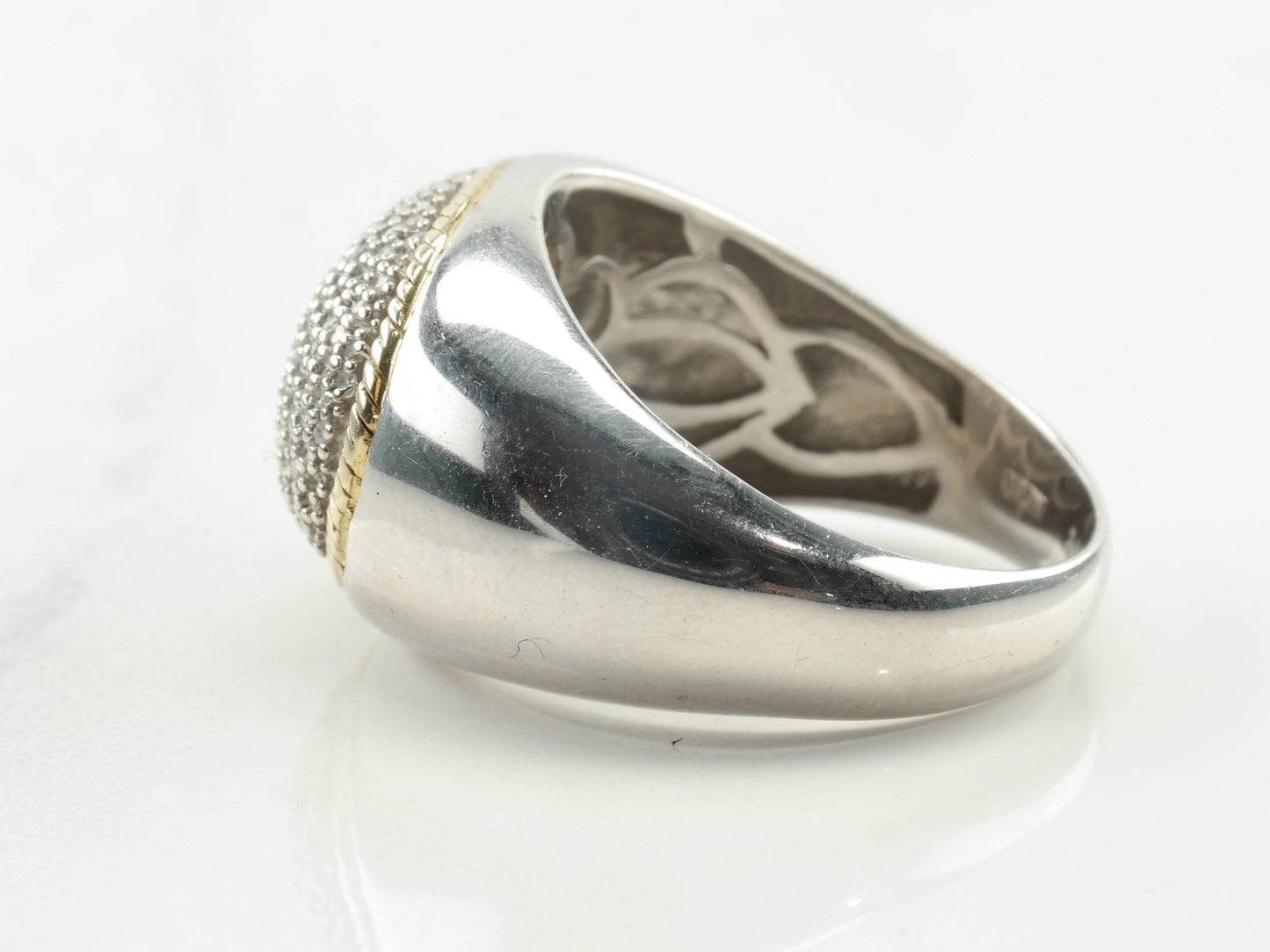 Vintage Sterling Silver Ring Diamond Oval Gold Accent White Size 8 1/4