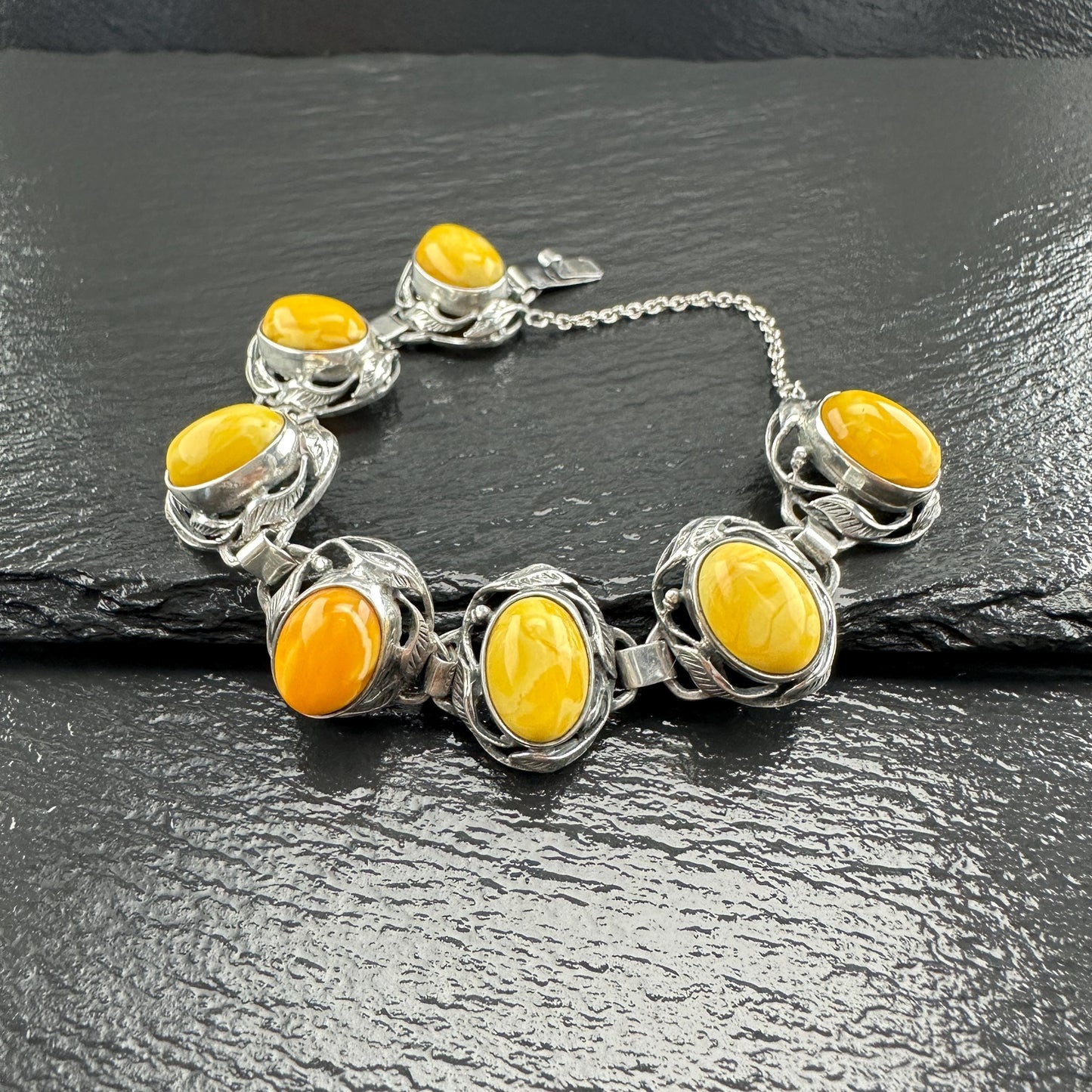 Baltic Amber Bracelet in Art Nouveau Style Yellow Opaque Sterling Silver