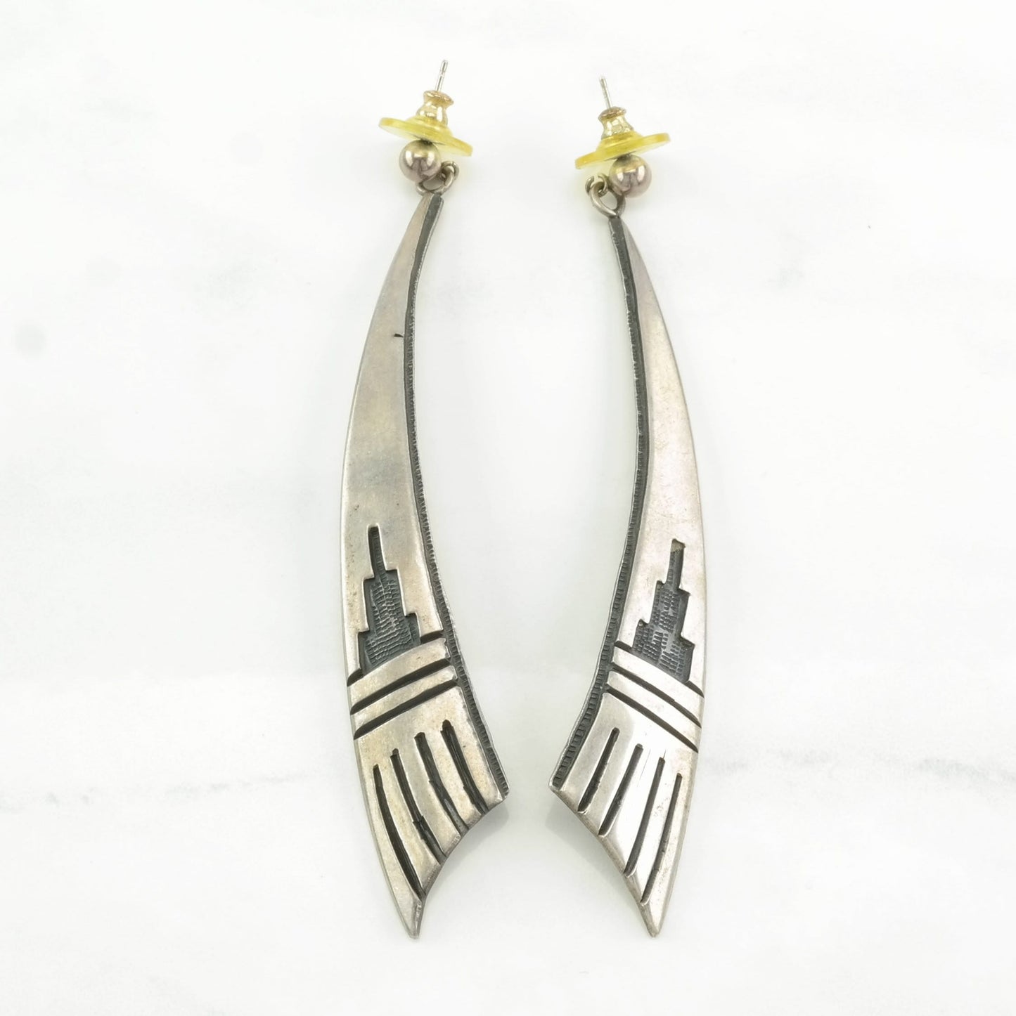 Native American Sterling Silver Long Overlay Earrings Stud Dangle