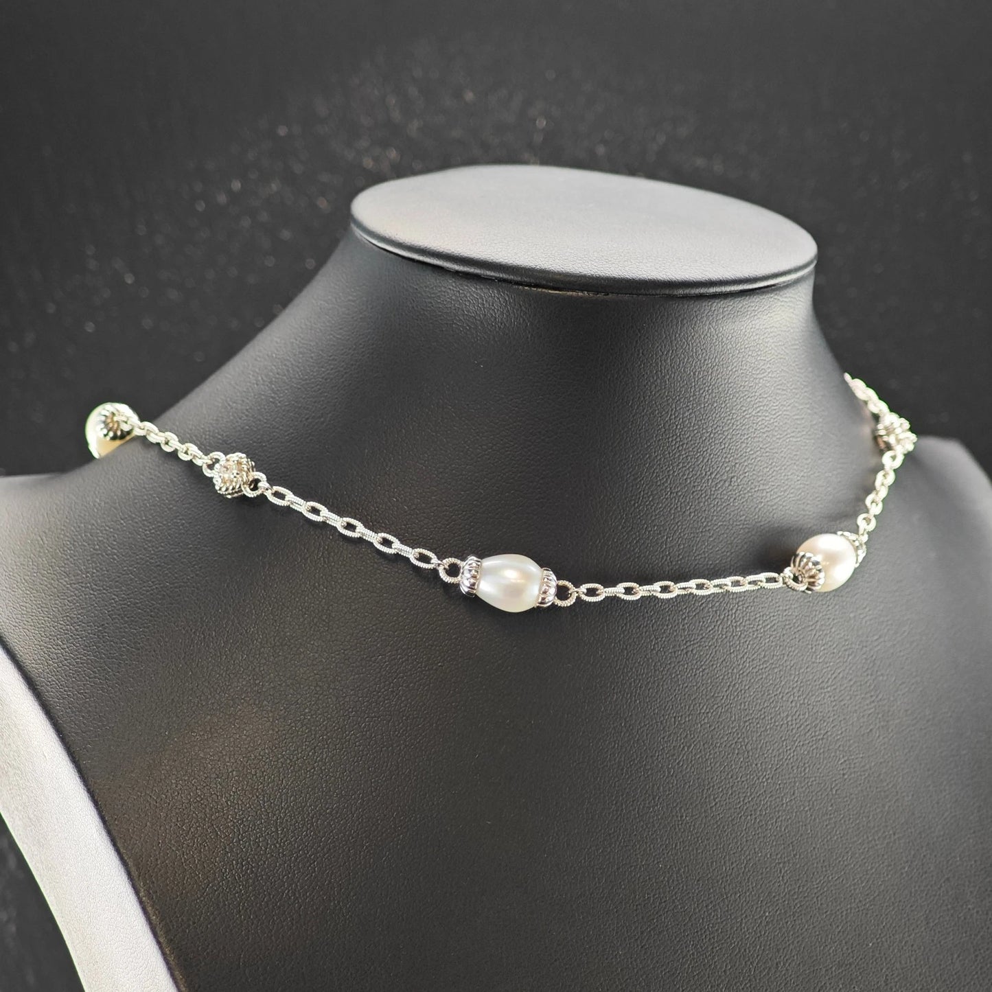 Judith Ripka Sterling Silver White Pearl CZ Choker Necklace 18" N2642