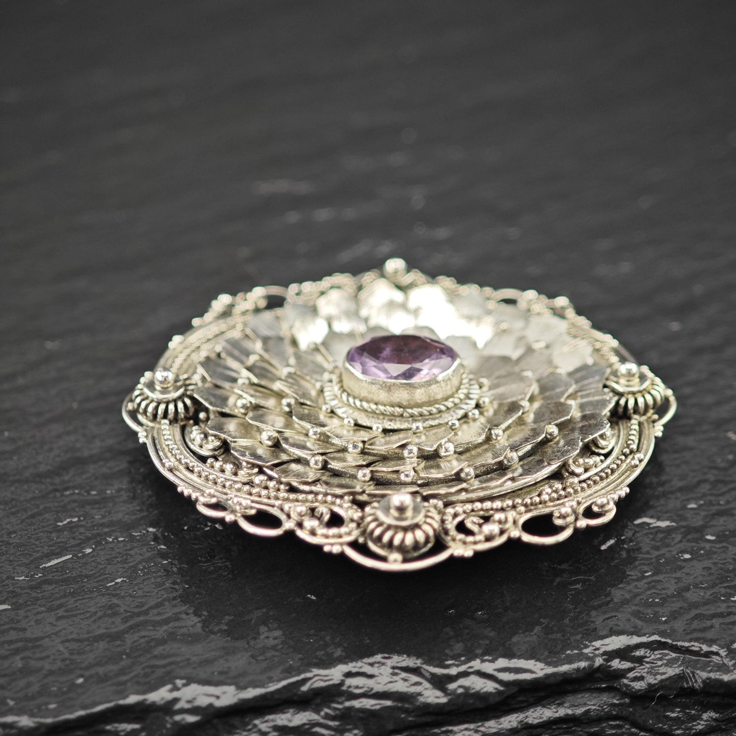 Purple Amethyst Brooch Floral Sterling Silver