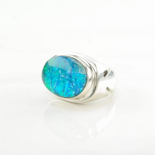 Vintage Sterling Silver Ring Iridescent Doublet Blue Size 7