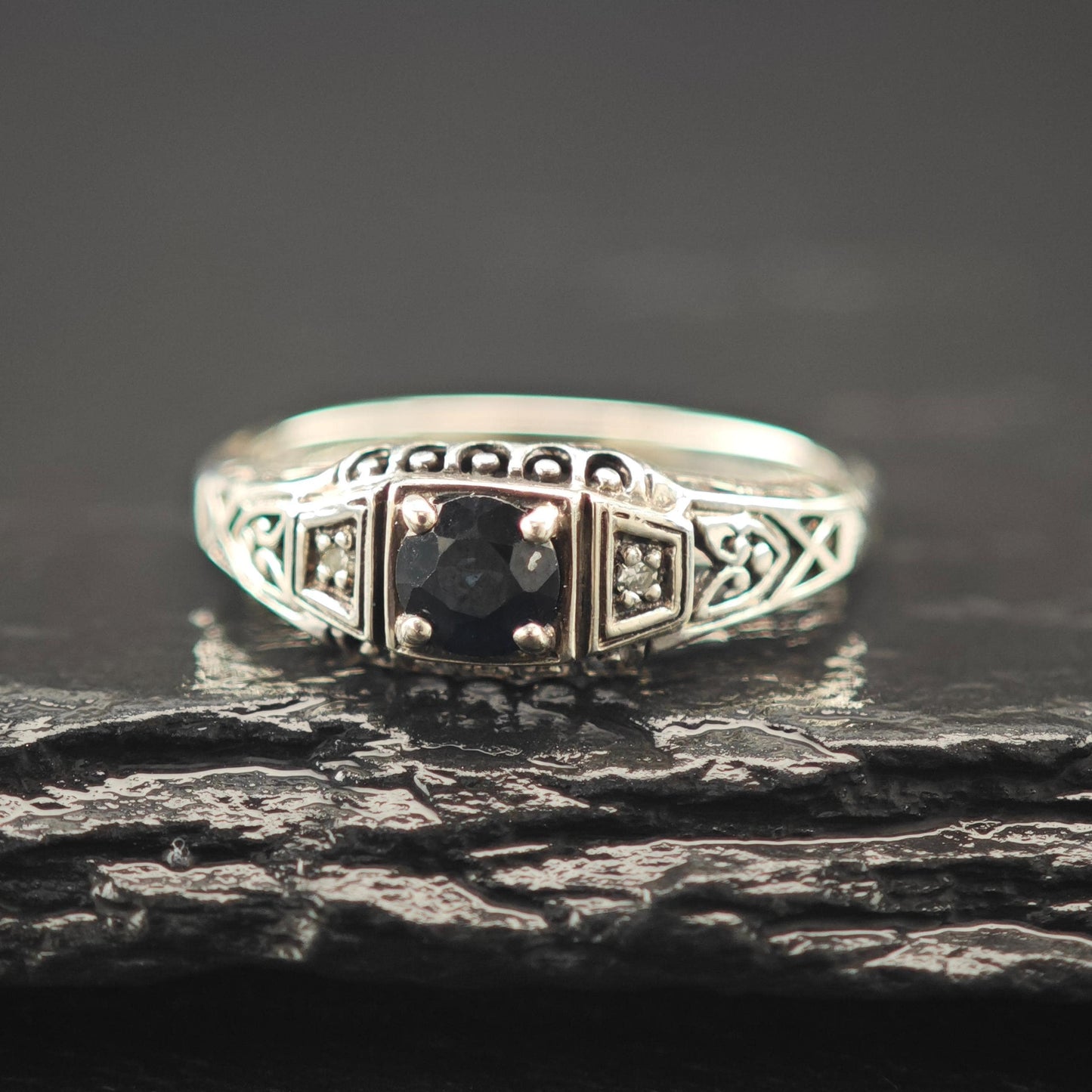 Natural Sapphire Diamond Ring Sterling Silver