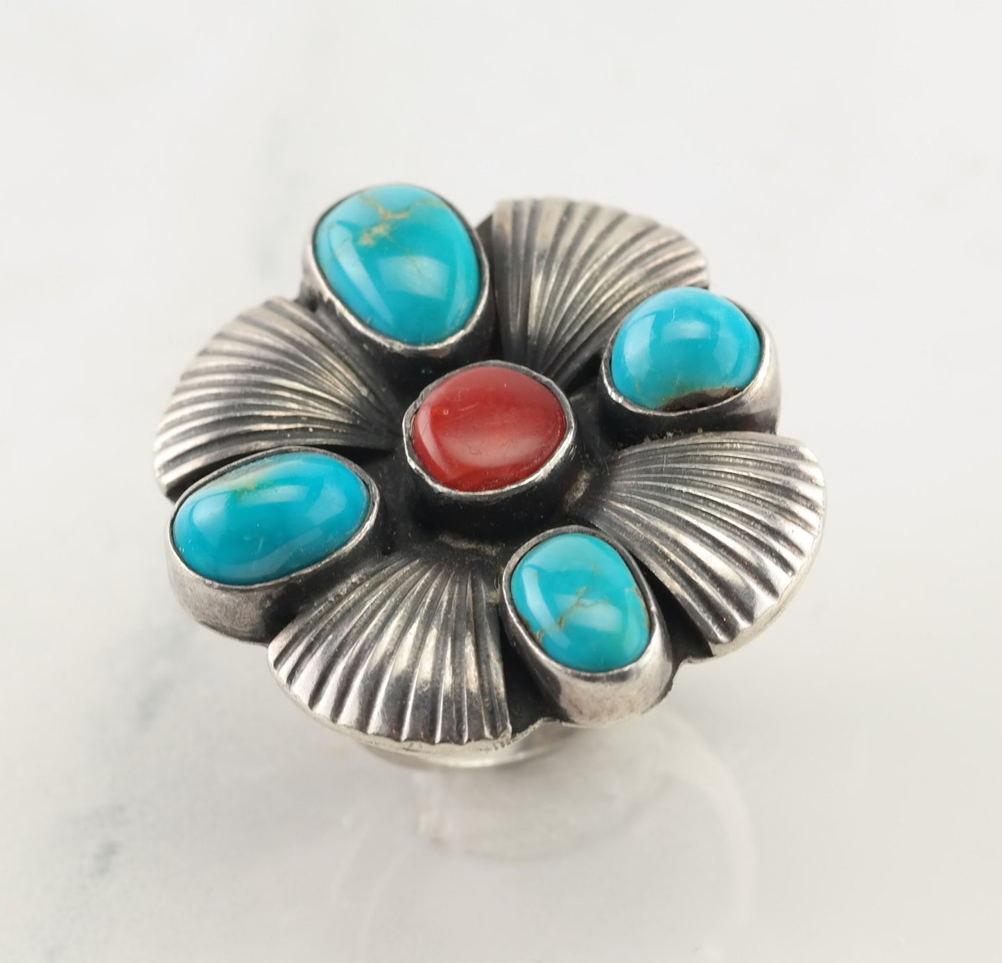 Native American Silver Ring Turquoise, Coral Floral Sterling Size 7