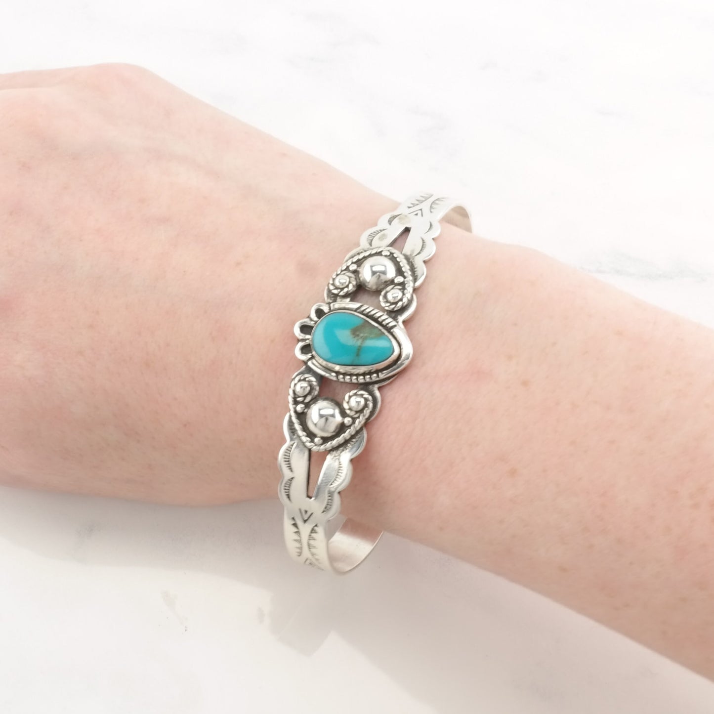 Vintage Cuff Bracelet Native American Sterling Silver Blue Turquoise Floral