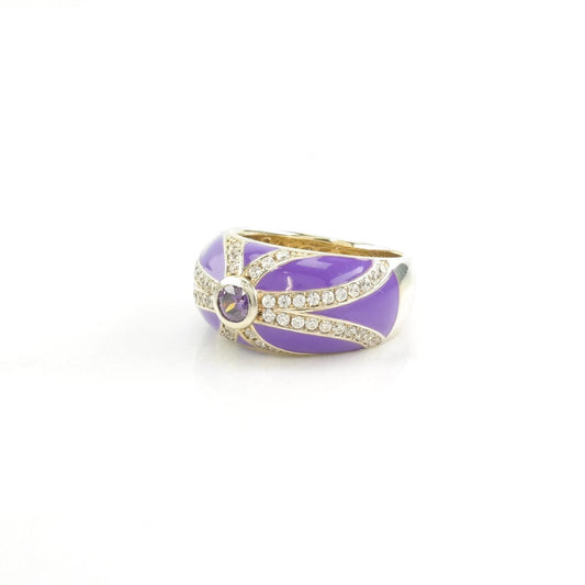 Sterling Silver Ring CZ, Enamel Striped Purple Size 6