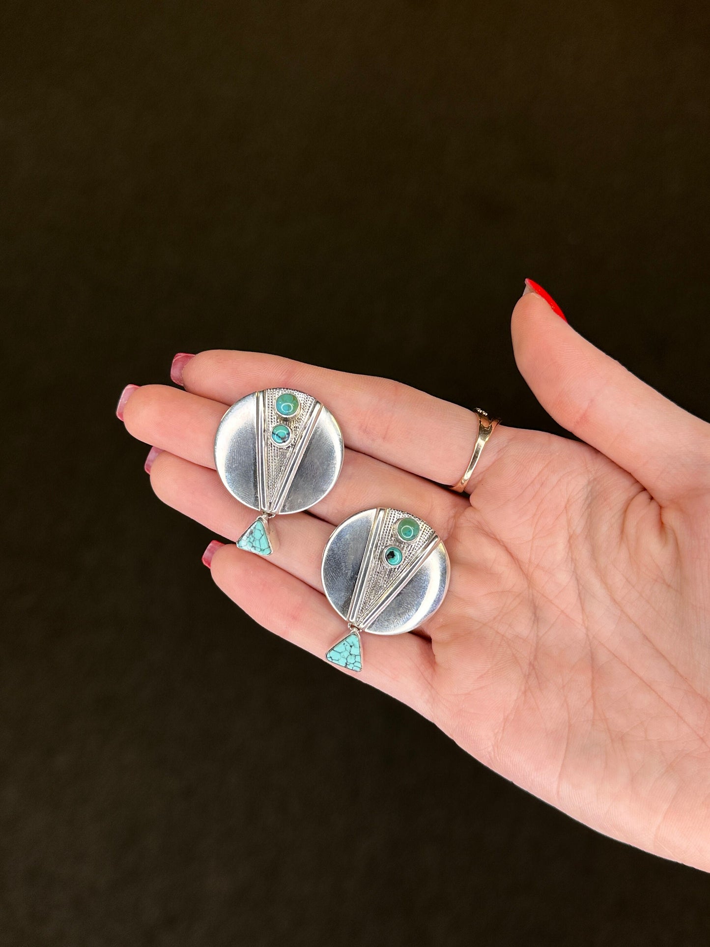 Native American Sterling Silver Spiderweb Turquoise Shield Earrings Stud Dangle