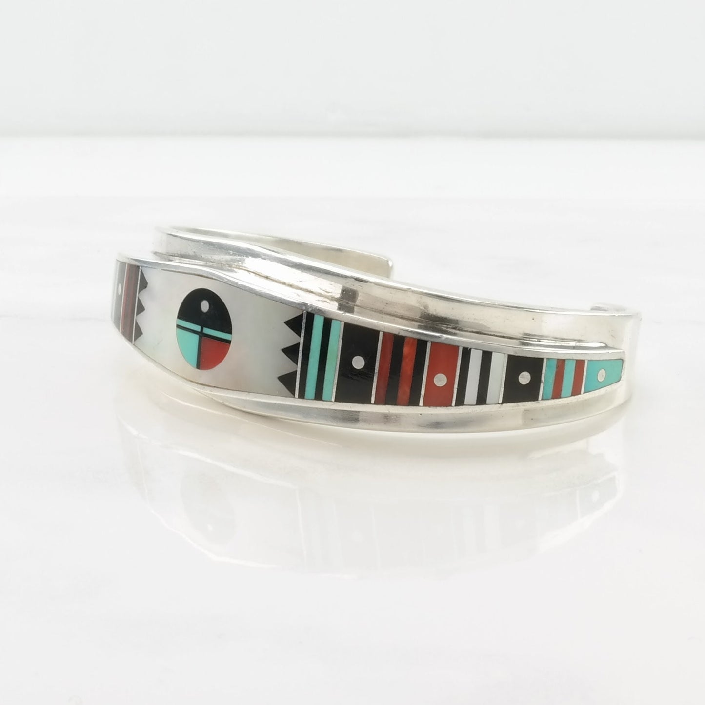 Native American, Benally Sterling Silver Cuff Bracelet MOP, Onyx, Turquoise, Coral Inlay