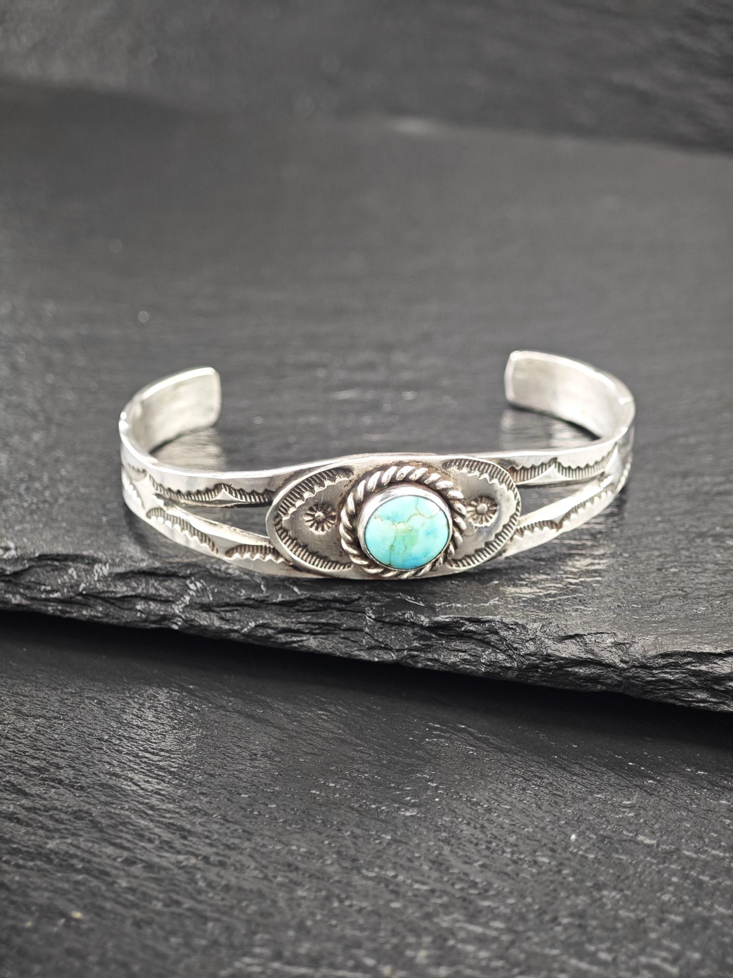 Native American Turquoise, Stamped Cuff Bracelet Sterling Silver