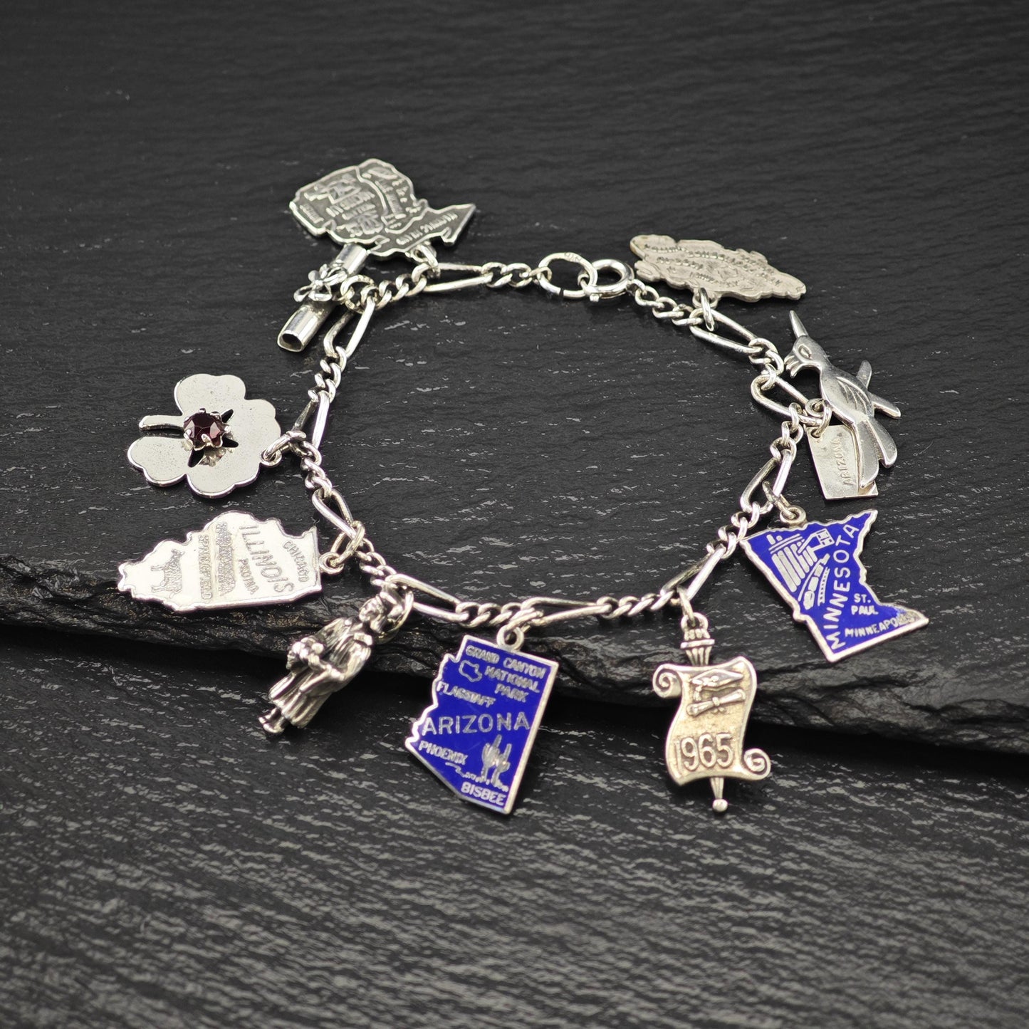 Enamel State Charm Bracelet Sterling Silver 6 3/4" BR3007