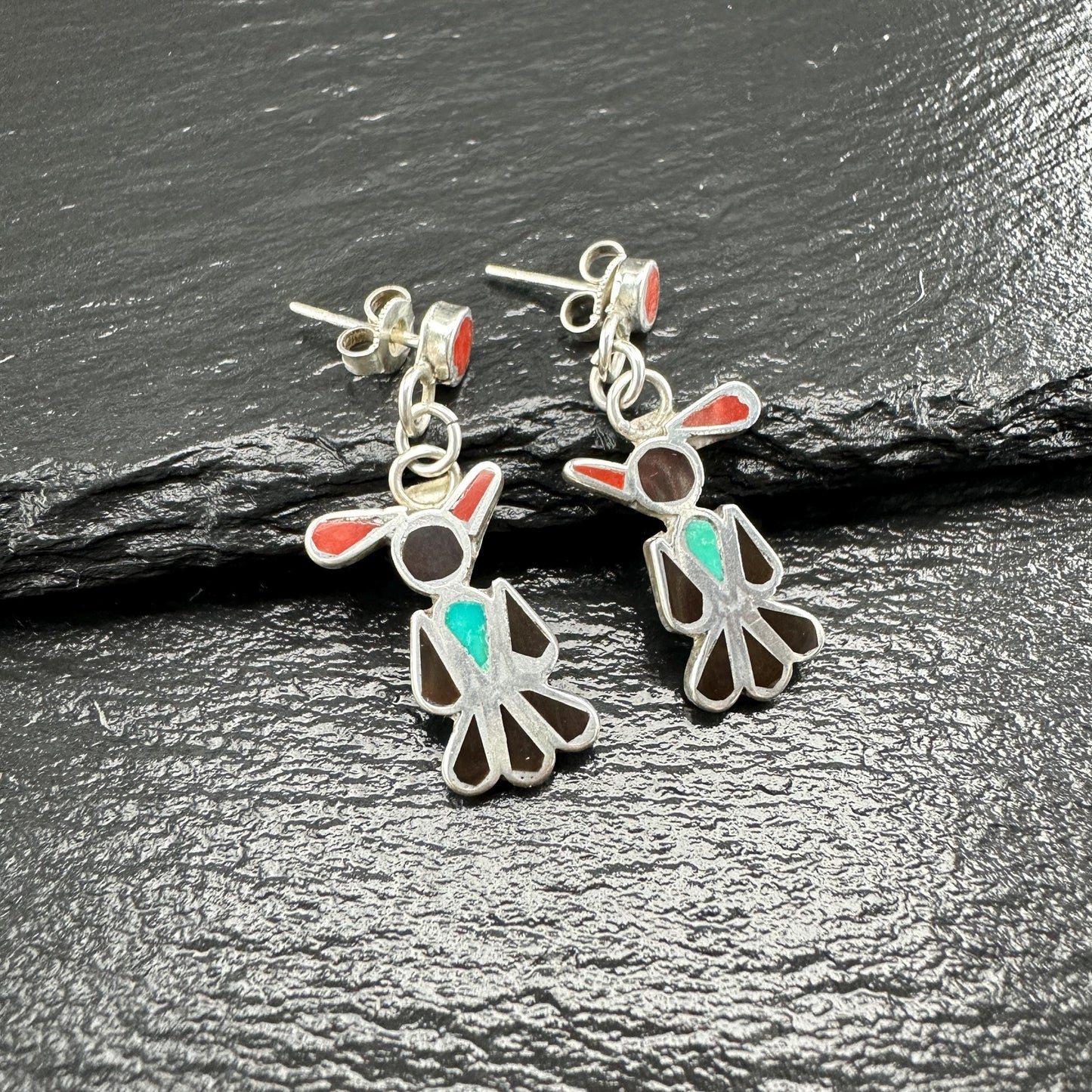 Zuni, Native American Inlay, Turquoise, Coral, Jet Thunderbird Stud/Dangle Earrings Sterling Silver