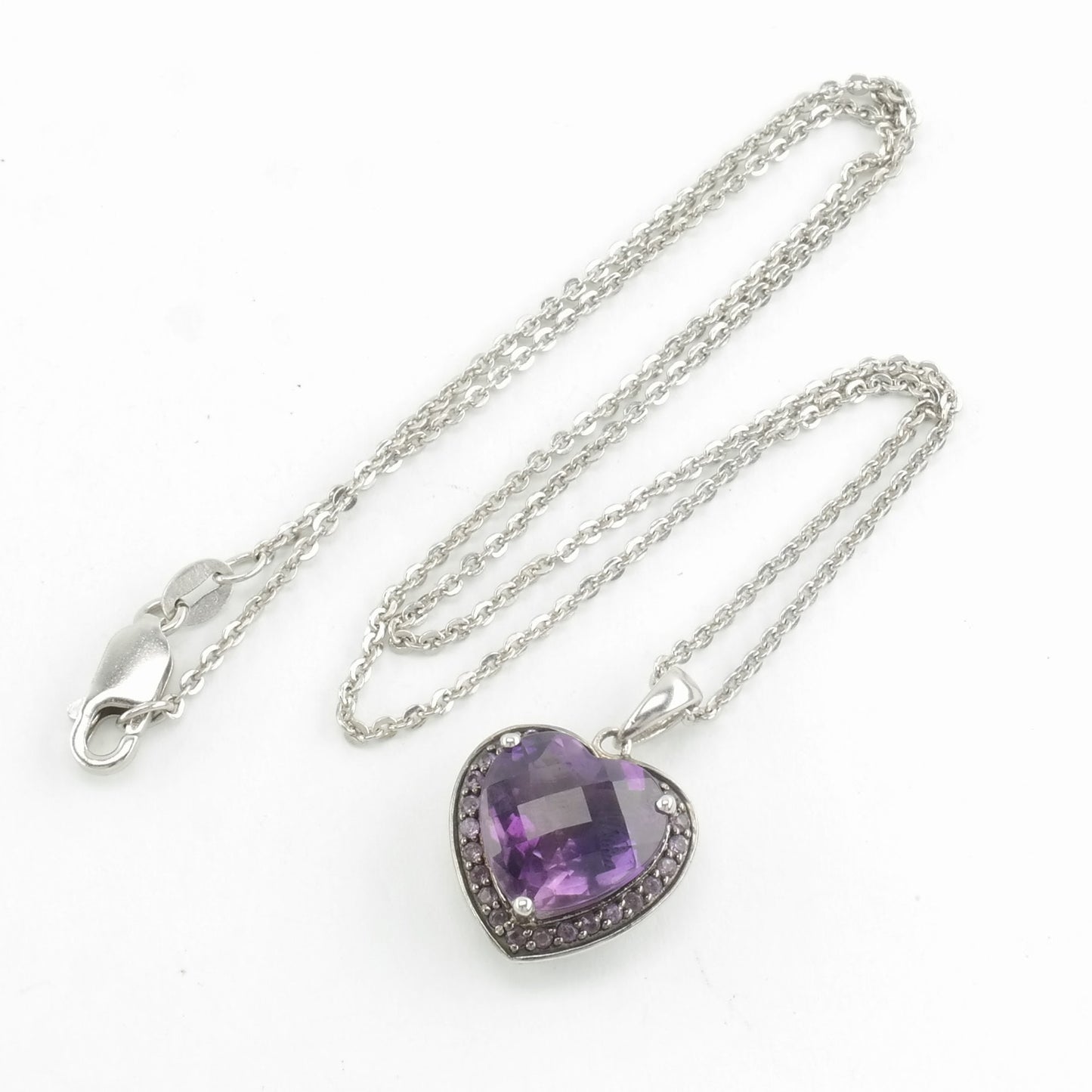 Sterling Silver Purple Amethyst Heart, Checkerboard Cut Necklace