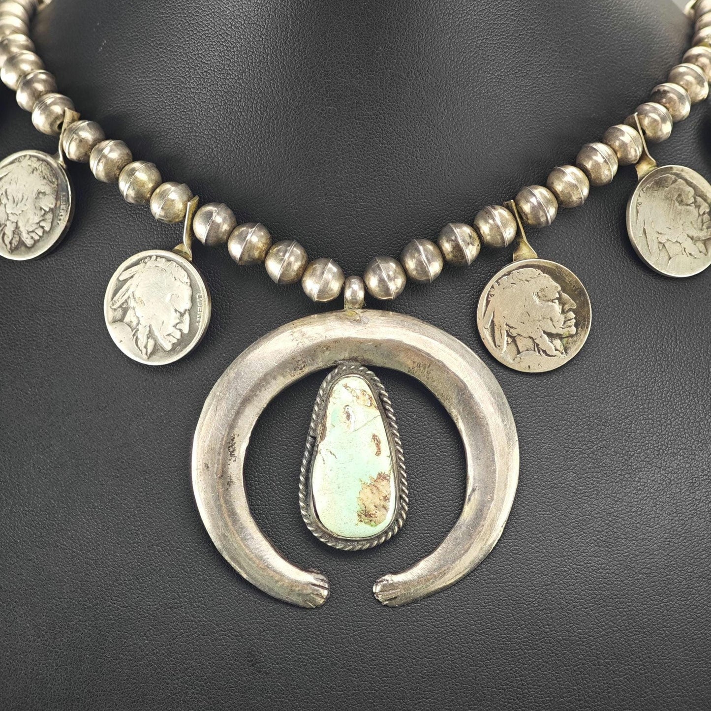 Native American Green Turquoise, Buffalo Nickles Squash Blossom Necklace Sterling Silver