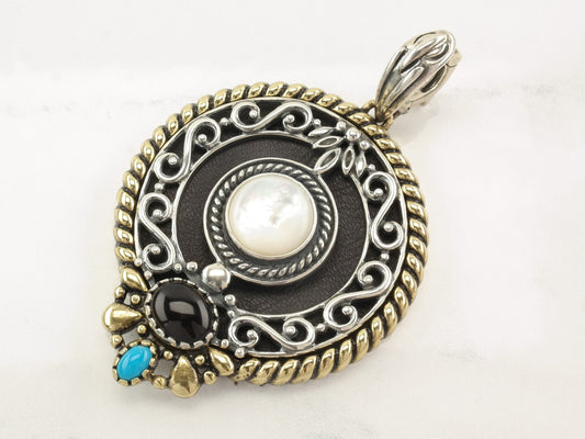 Vintage Relios MOP, Turquoise, Quartz, Leather Brass Accent Sterling Silver Pendant