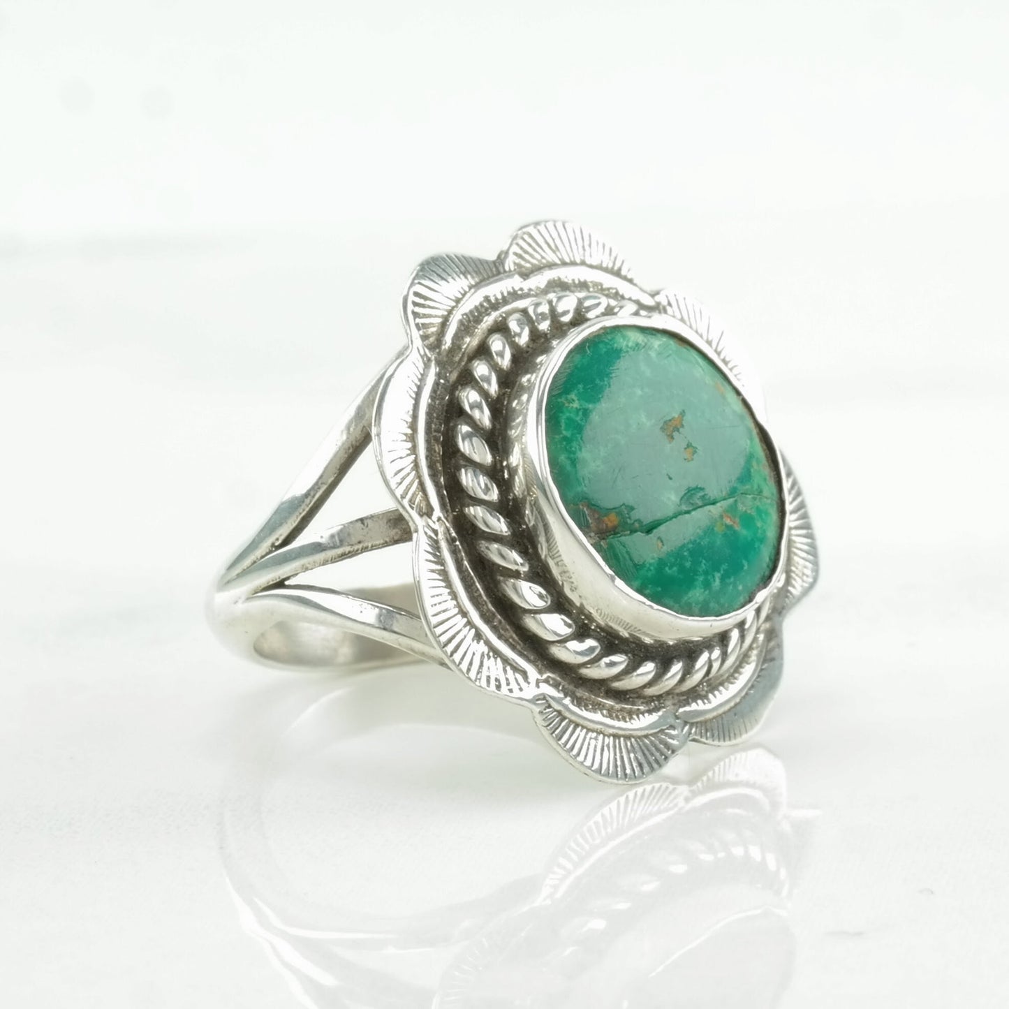 Native American Silver Ring Turquoise Scallop Sterling Size 6