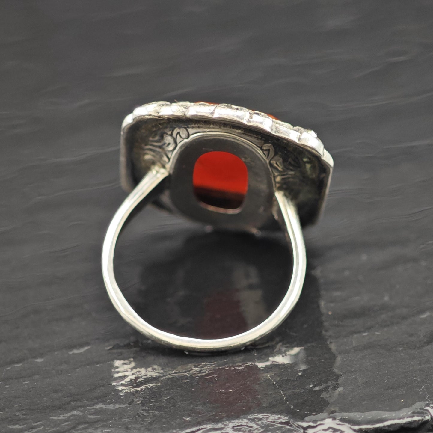 Art Deco Style Carnelian Marcasite Ring Sterling Silver Sz 6 R6253