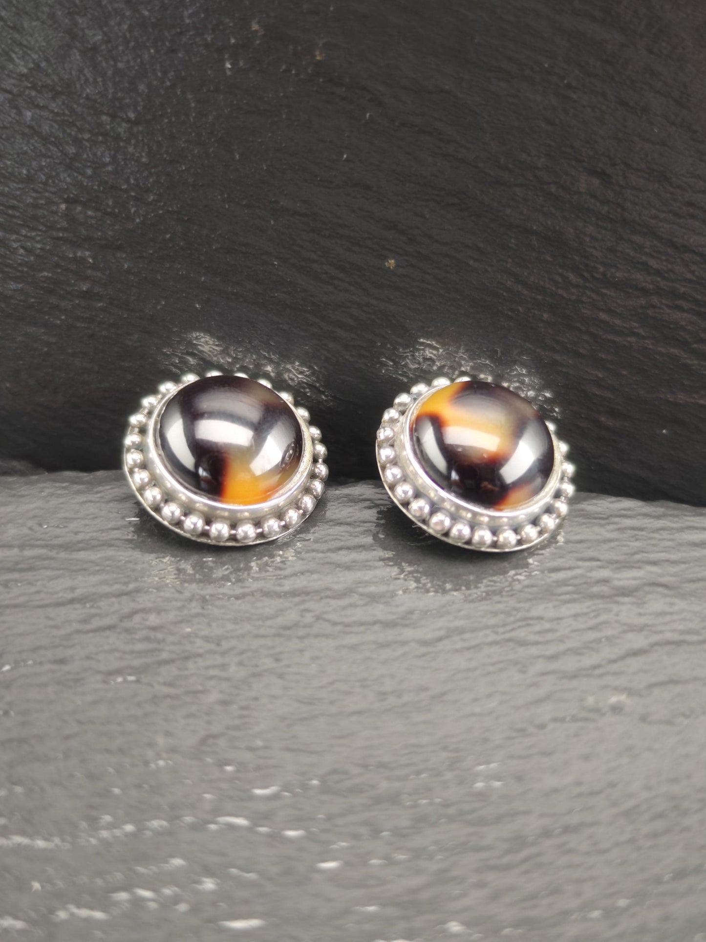 Vintage Brown Gemstone, Dome Sterling Silver Stud Earrings